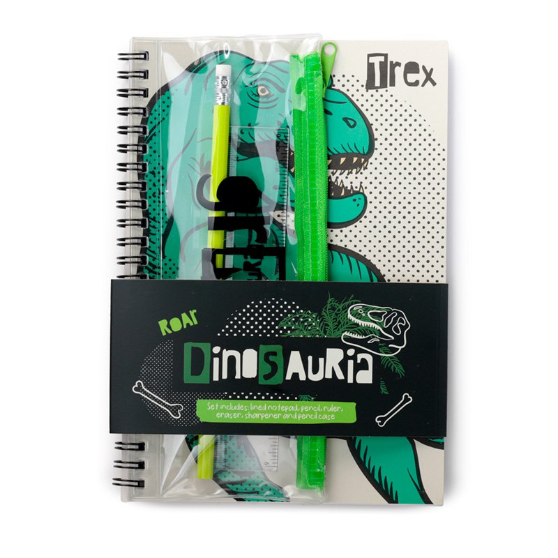 Dinosauria Ringgebundener Notizblock und Federmäppchen, 6-teiliges Briefpapier-Set