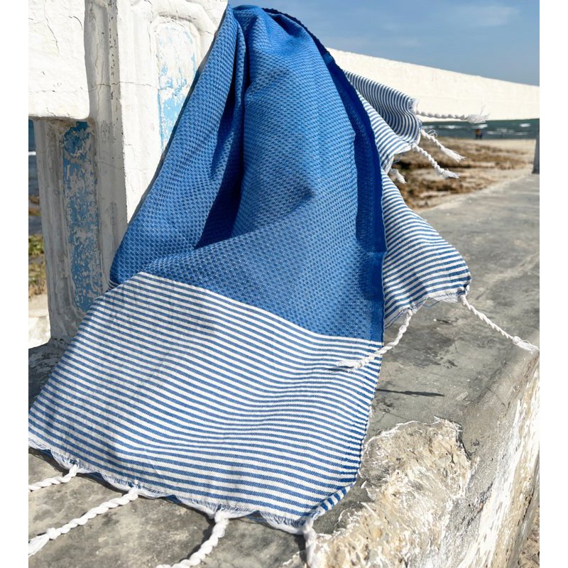 Serviette de Hammam Fouta Rayures Gaufrées - Bleu Lapis - 100x200cm