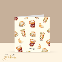 A greeting card with a pattern of coffee cups, popcorn, and other snack-themed illustrations. The card is suitable for a casual, friendly occasion.
