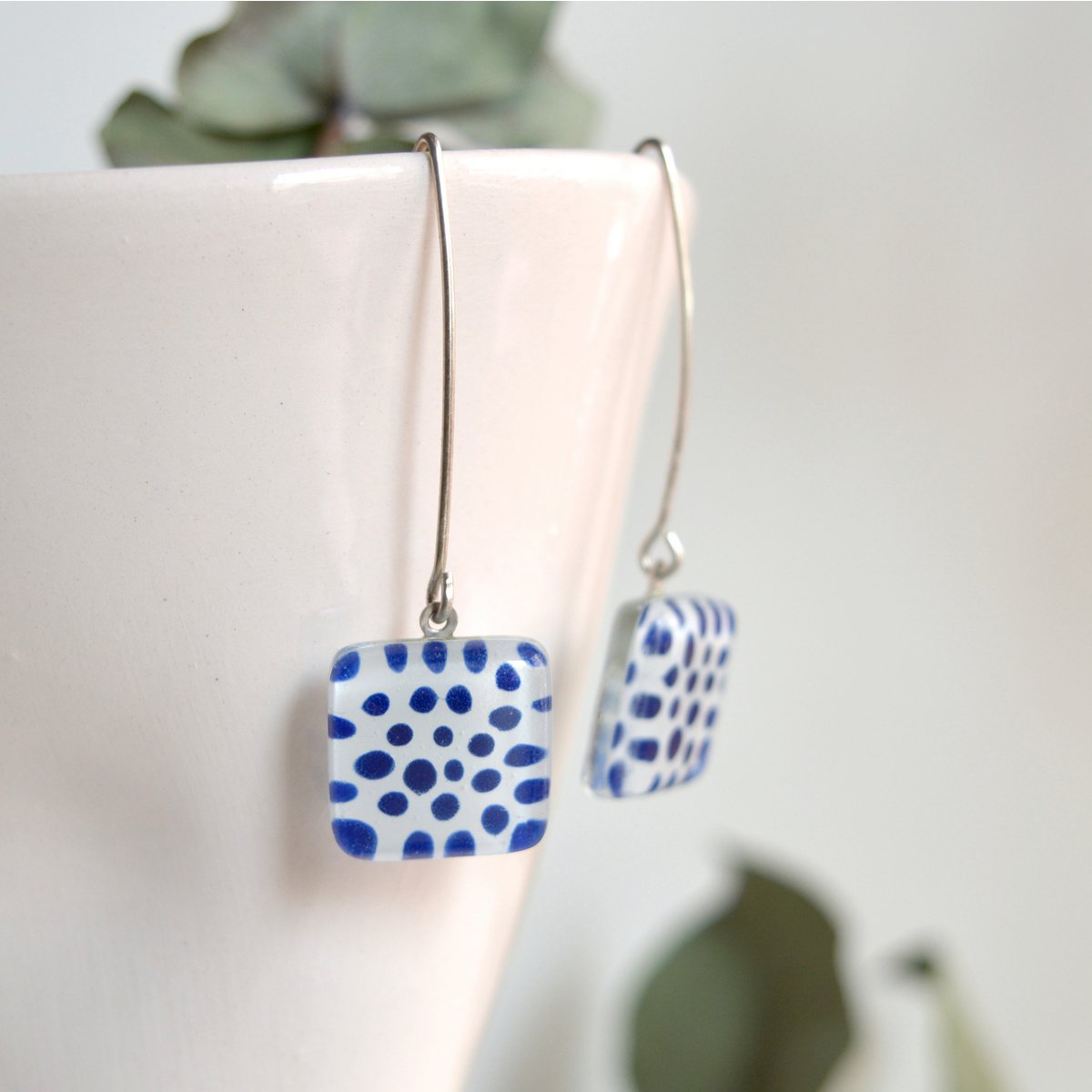 Cobalt blue Polka Dot earrings, Square glass charm dangle drop with long sterling silver hooks