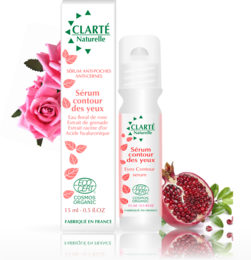 Clarté Naturelle eye contour serum, a nourishing and hydrating formula with pomegranate and rose extracts to reduce the appearance of fine lines and dark circles around the eyes.