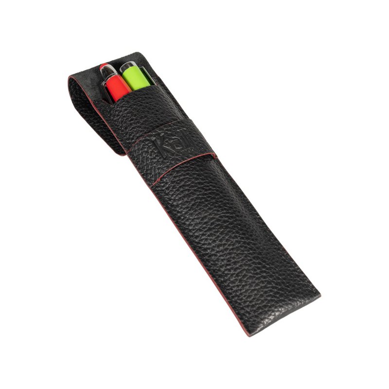 K0028AB | Étui à stylos en cuir véritable pleine fleur, grain dollar - Coloris noir avec bords rouges - Dimensions : 4,5 x 16,5 x 1 cm - Packaging : Coffret cadeau fond/couvercle