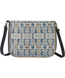 Ikat-patterned shoulder bag with adjustable strap and zipper closure.