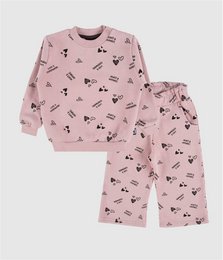 Pink lavender kids pajama set with cute animal and heart print, long sleeves, cozy cotton.