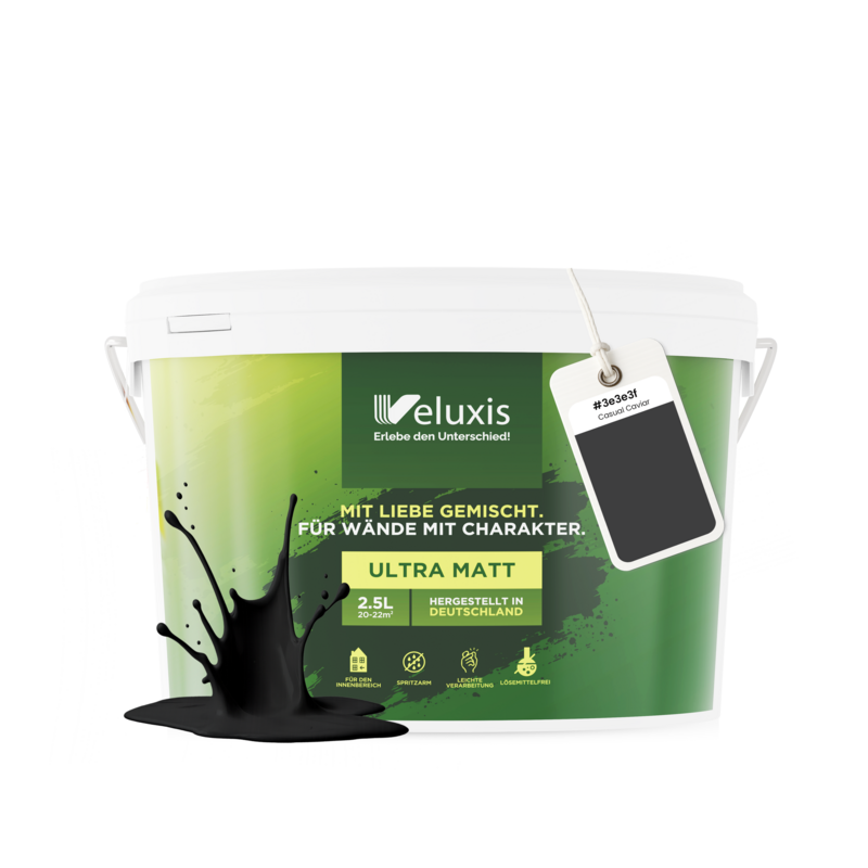 Veluxis® Wandfarbe Schwarz für den Innenraum - 2,5 Liter & Deckkraft-Klasse 1, Streifenfrei, tropfarm & Öko Farbe, VOC-frei - (Casual Caviar)