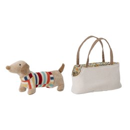  Soft, plush toy dog in a striped sweater, accompanied by a beige tote bag. The toy dog is a nature-inspired design made of polyester.