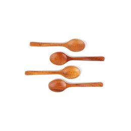 Khaya wood kids spoons in a set of 4. Smooth, natural wood design with a warm, orange-brown color. Ideal for children's meals and snacks.