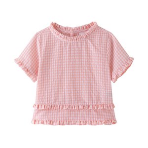 Girl's blouse 3-9A coral pink gingham with ruffles JGV96725