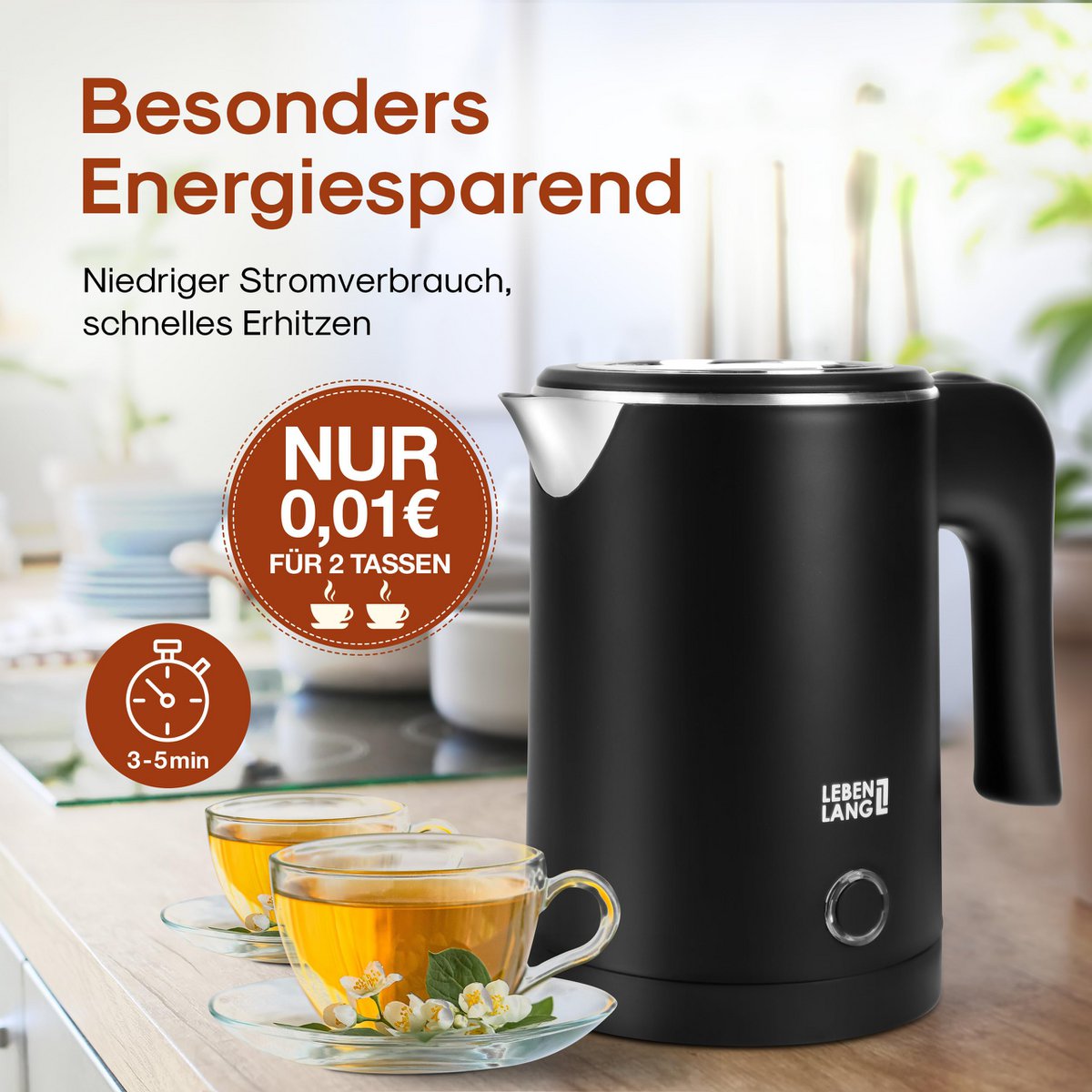 LIFETIME Hervidor de viaje de acero inoxidable pequeño 0,5 litros y sin BPA - Hervidor de viaje 600 W Ahorro de energía Eficiencia energética - Mini hervidor de camping negro 0,5 0,5 l