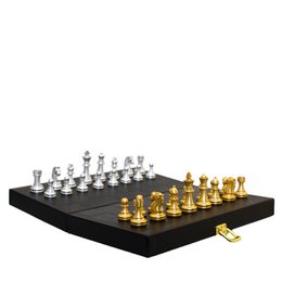  Black and gold backgammon game set in imitation leather case.