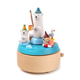 Wooden music box with polar bear figurines, featuring a tall white music box, smaller polar bear figures, and a blue base with a drawer. The music box plays a soothing melody.