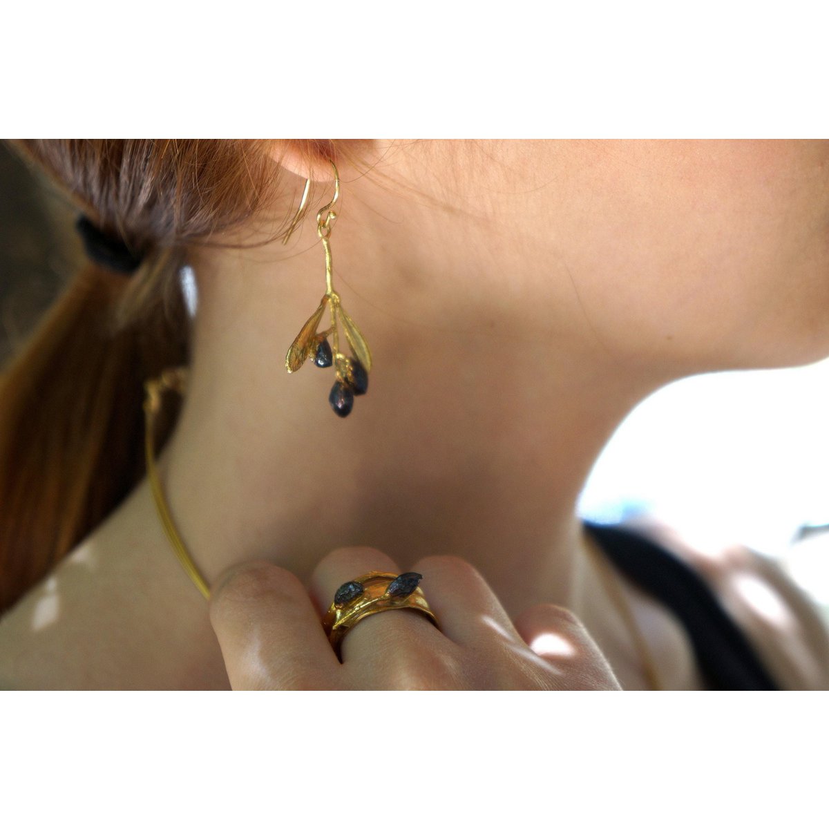 Nature-Inspired Olive Leaf Ring, Adjustable Gold-Plated Brass Band (Women’s Size)