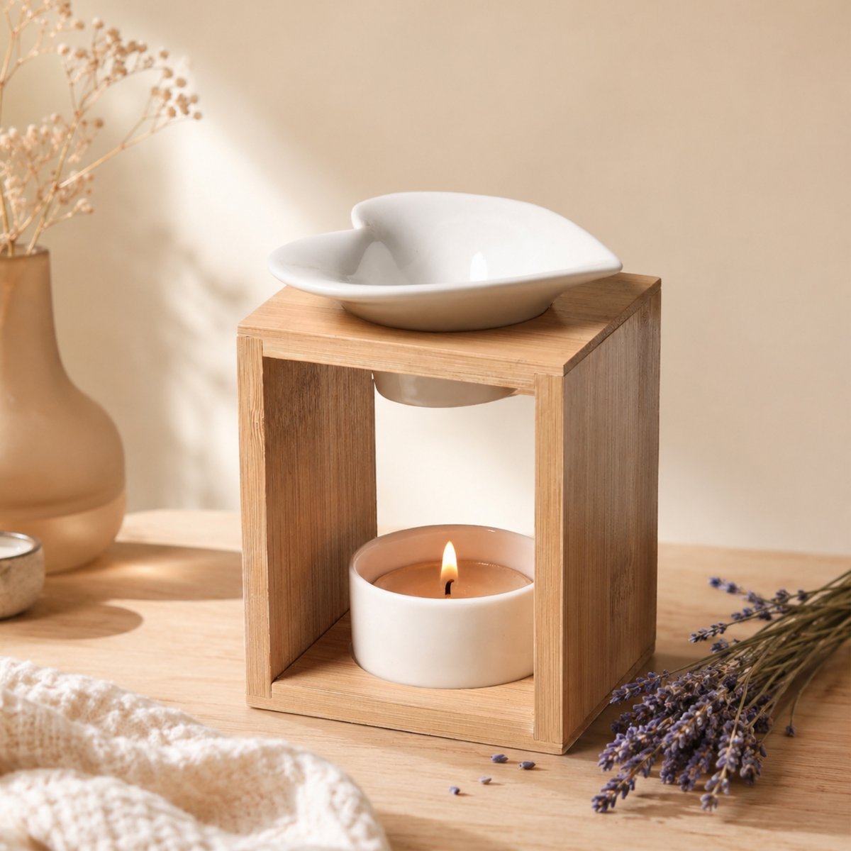 Brûleur Fondant Série Naturea Arum – Design Moderne et Epuré en Céramique et Bambou – Bougeoir Aromathérapie Diffuseur d'Arôme