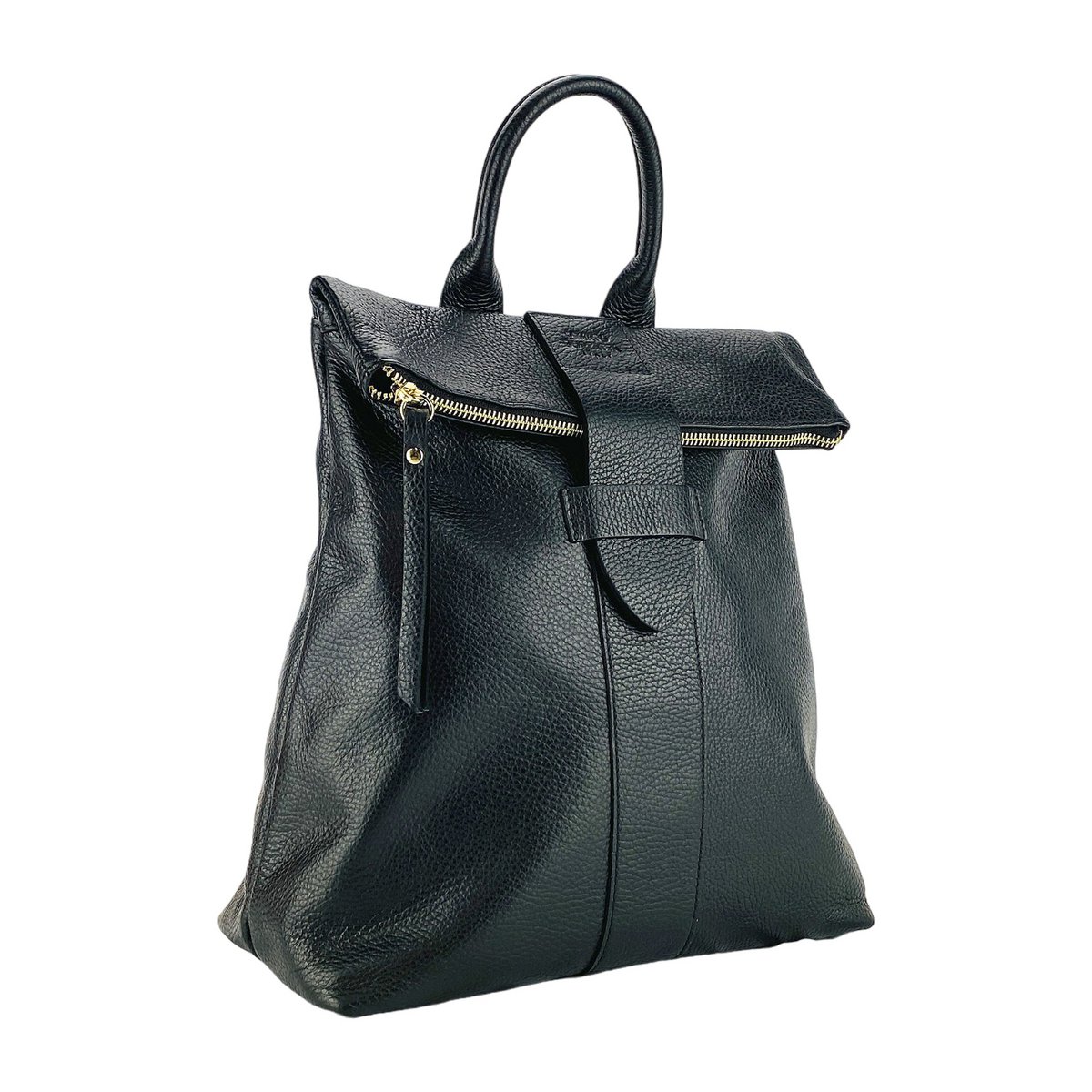 RB1021A | Sac à dos souple pour femme en cuir véritable fabriqué en Italie avec bretelles réglables. Fermeture éclair et accessoires en métal doré brillant - Coloris Noir - Dimensions : 30 x 34 x 10,5 cm