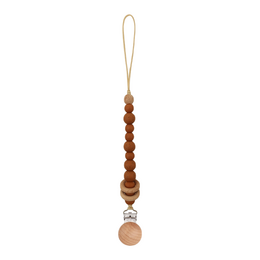 Silicone pacifier clip surrounded by beech wood. Wooden beads in warm tones, with a metal charm or pendant.