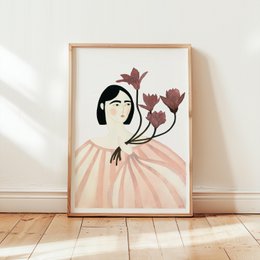  Artistic poster featuring a woman in a pink dress with magnolia flowers. The poster has a minimalist, abstract style with a focus on the woman's face and the floral elements.