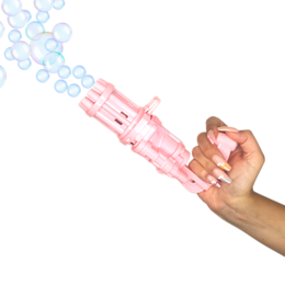A pink bubble gun toy with a hand-held design and bubble-blowing functionality.