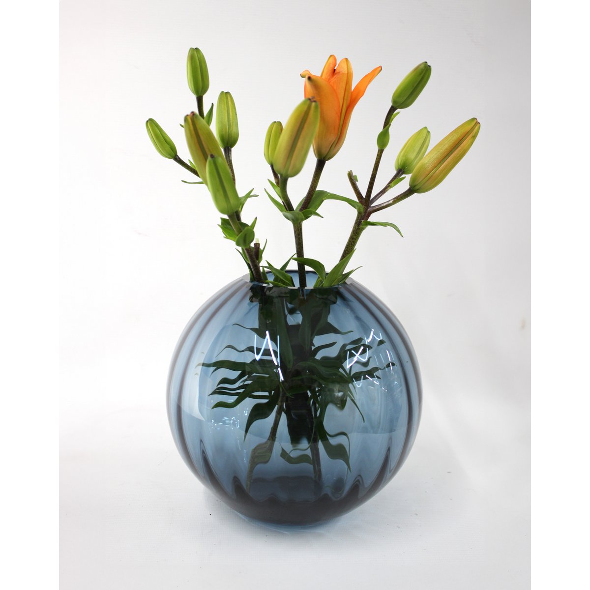 Glass vase round grooves blue vase glass handmade ball vase