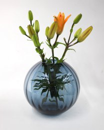 Glass vase round grooves blue vase glass handmade ball vase