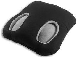 Foot warmer cushion in black, red polka dot, and solid red colors. Soft, plush material with cutouts for feet to stay warm and comfortable.