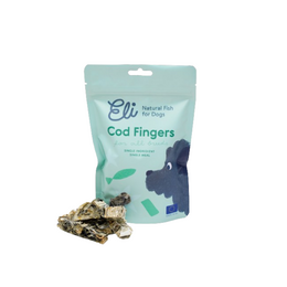 Dried cod skin fingers, a natural single-ingredient dog treat made from cod fish. Ideal for all dog breeds as a healthy, protein-rich snack.
