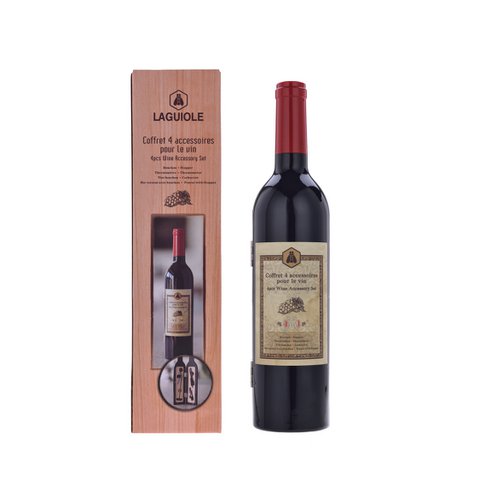 Laguiole Wine Collection Box, 4 Accessories, Corkscrew, Stopper, Thermometer, Pourer with Stopper, Pakka and Stainless Steel, Black