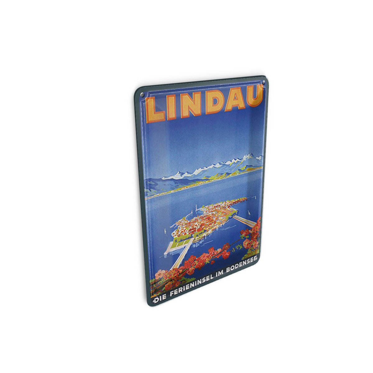 Cartolina da viaggio in metallo 10x14 cm Lindau, l'isola delle vacanze sul Lago di Costanza, targa decorativa