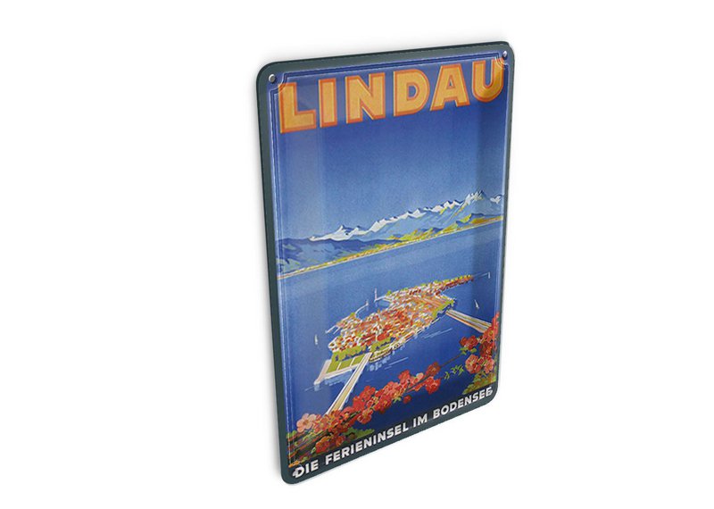 Cartolina da viaggio in metallo 10x14 cm Lindau, l'isola delle vacanze sul Lago di Costanza, targa decorativa