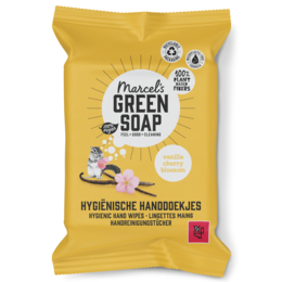 Hygienic hand wipes in a yellow package with green soap branding. The wipes are designed for hand sanitization and cleaning.
