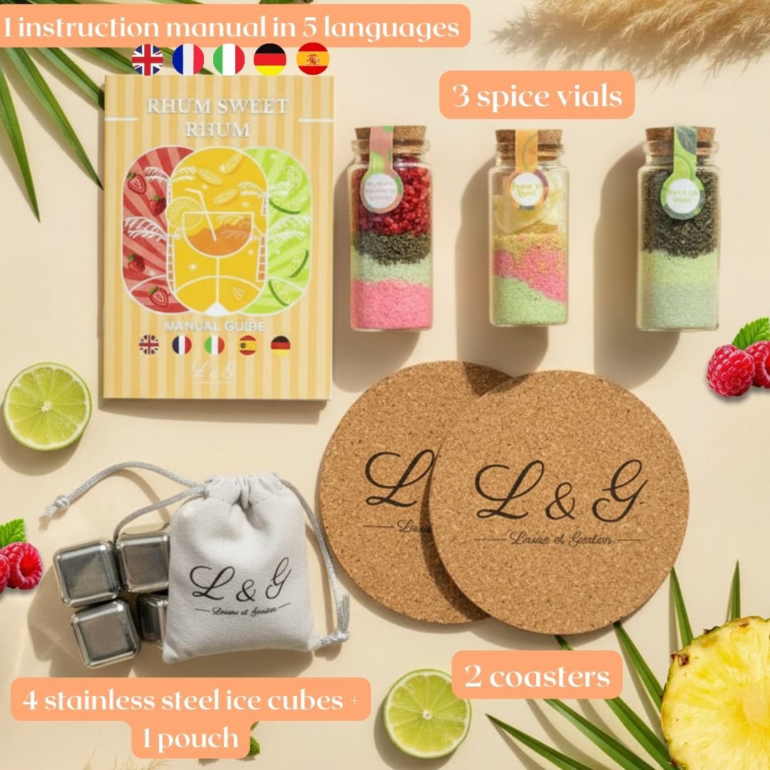 L&G - Arranged Rum Box “Sweet Rum” | Homemade Rum Making Kit with Natural Spices | 3 Vials of Exotic Flavors + Ice Cubes + Coasters | Mother's Day Gift Idea