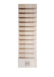 A tall, rectangular wooden display stand with multiple shelves for showcasing products.
