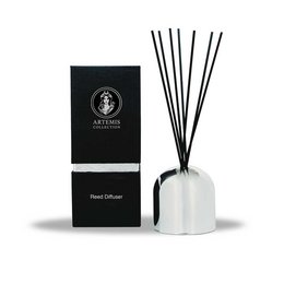 Lychee & Redcurrant scented diffuser and incense sticks in a modern, minimalist design. Features a black and white color scheme with a simple logo.
