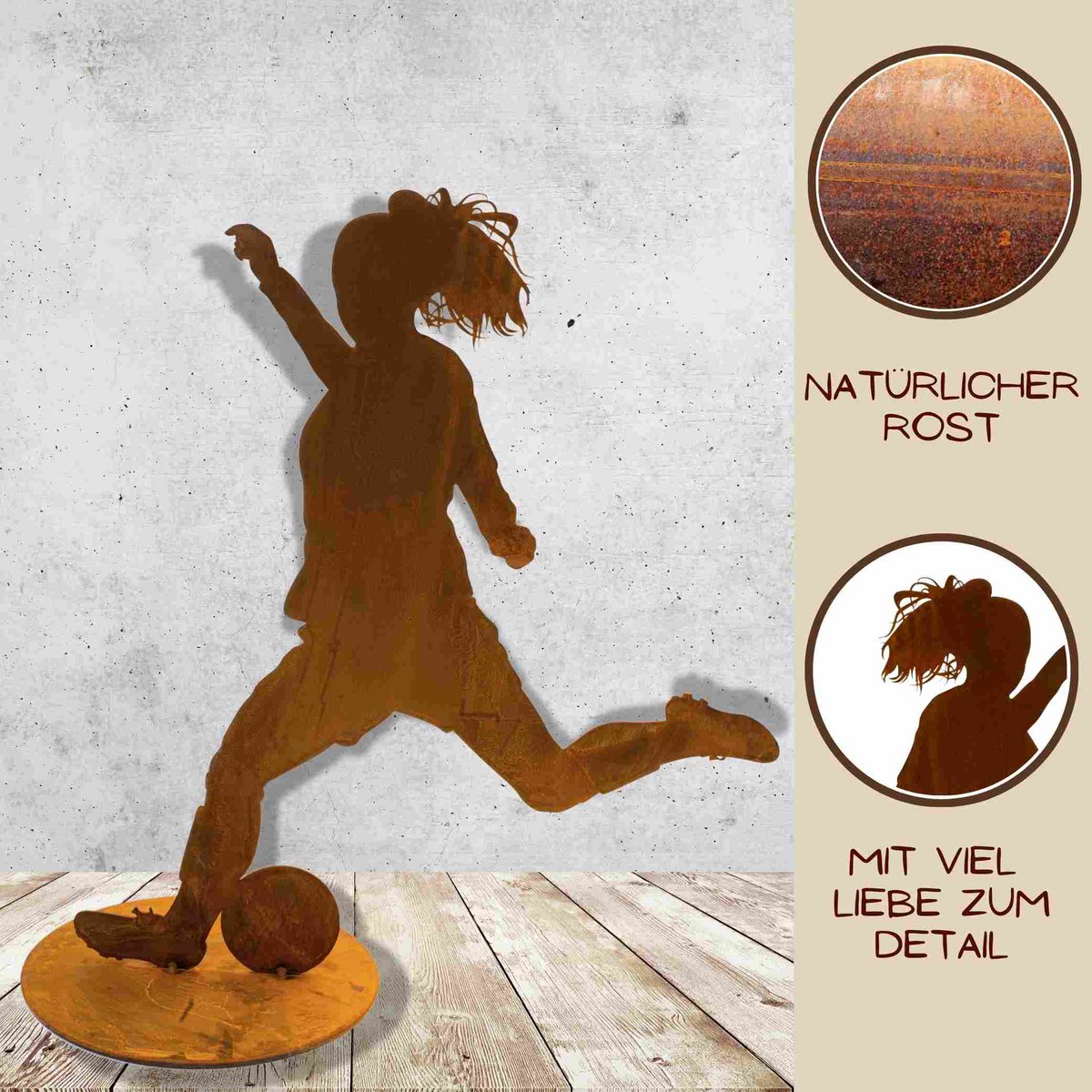 Edelrost Fußball Spielerin | Fußball Deko Figur