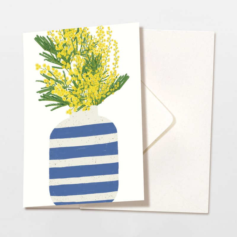 Folding card blue striped vase with yellow flowers, including envelope