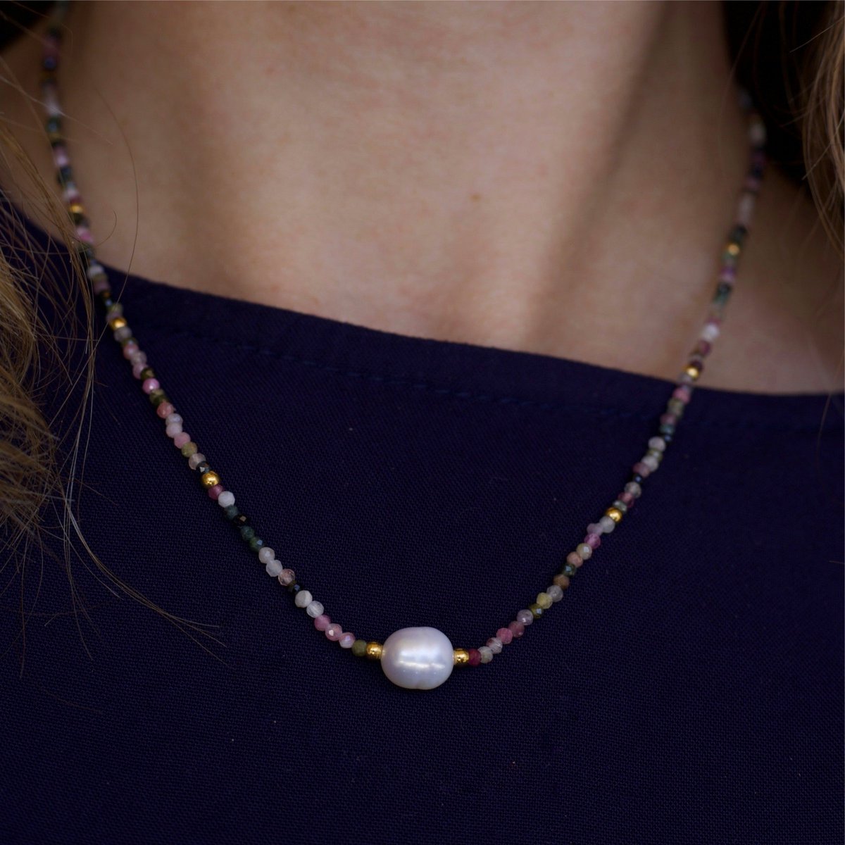 Tee - toermalijn kristal ketting met parel