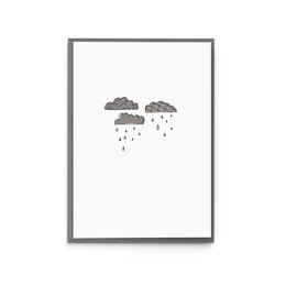 Greeting card with rainy day design, featuring gray clouds and rain drops. Suitable for condolences or sympathy messages.