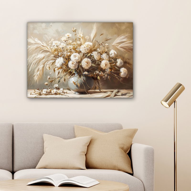 Lærredsmaleri - vægdekoration - blomster - lyserød - moderne - beige