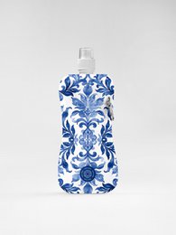A colorful, floral-patterned water bottle made for travel. Features a variety of vibrant flowers and plants.