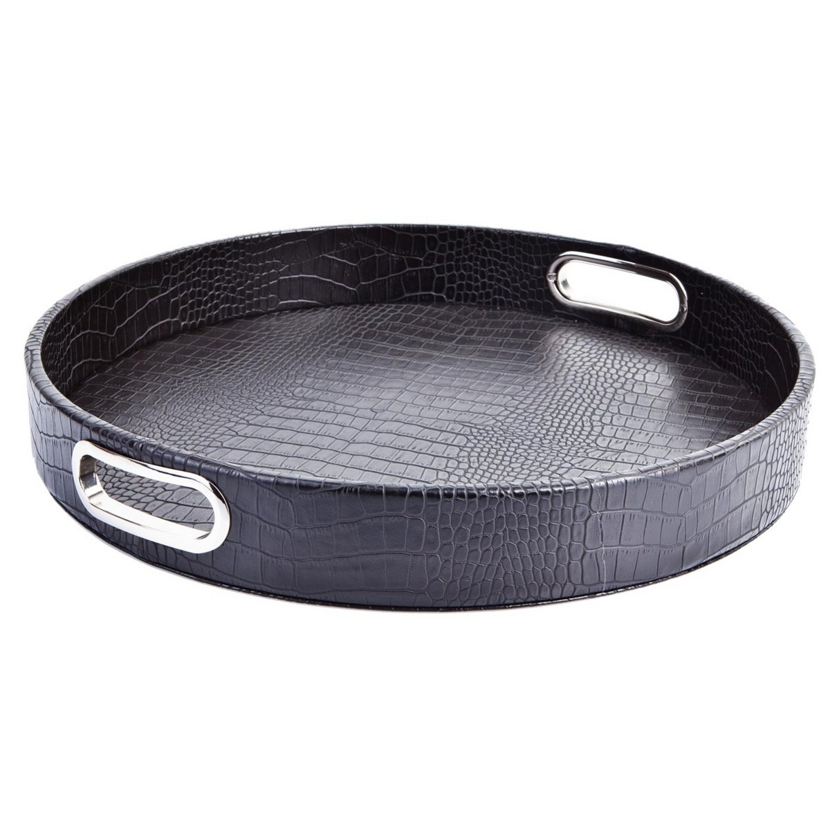 Plateau rond en cuir de crocodile simili cuir noir avec poignées en acier inoxydable plateau de service