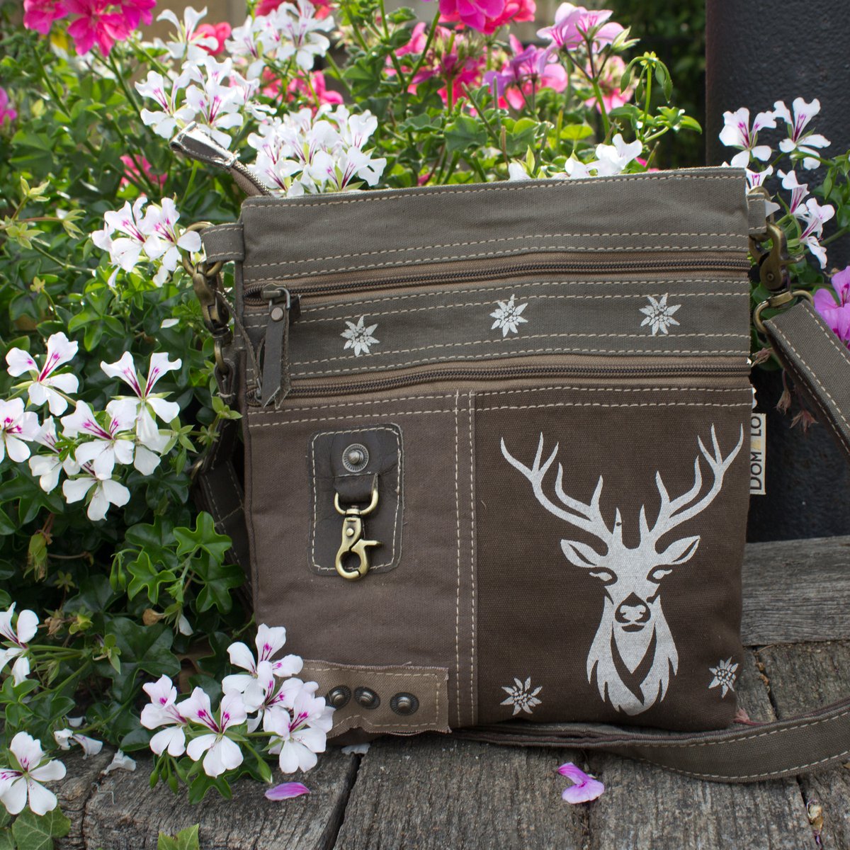 Domelo traditional bag. Women's shoulder bag. Dirndl shoulder bag made of canvas and leather. Handbag in traditional style with deer edelweiss print. Crossbody bag for women as Oktoberfest accessories.