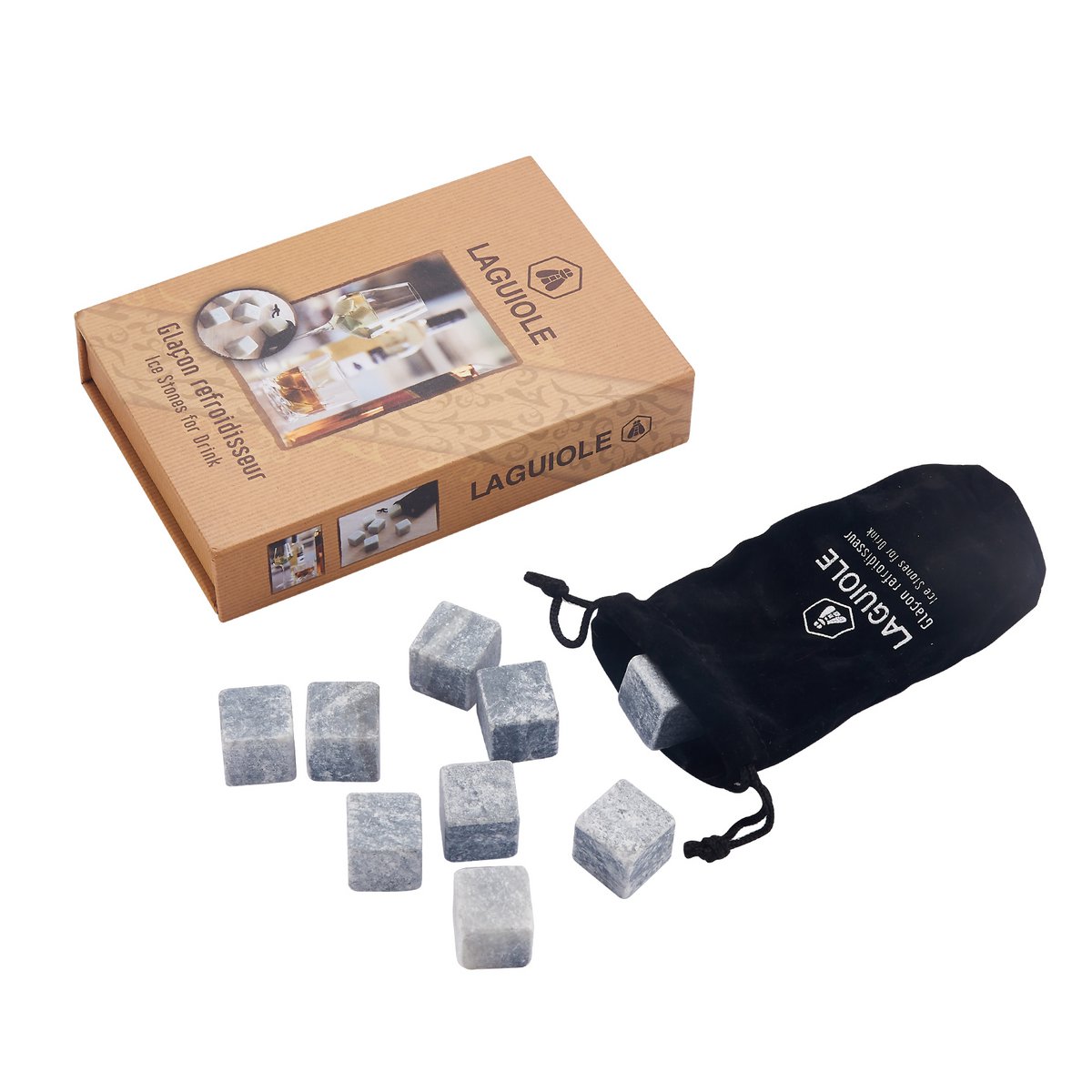 LAGUIOLE GLANCON STEATITE - 9 ICE STONE FOR DRINK IN VELVET POUCH