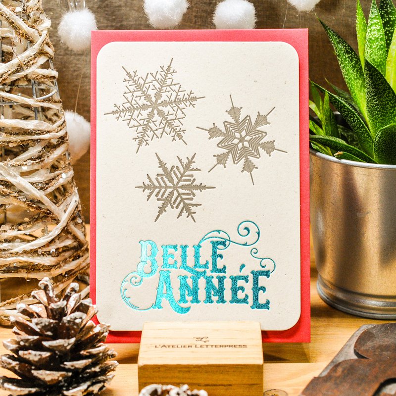 Letterpress Happy New Year Snowflakes greeting card, turquoise (with envelope)