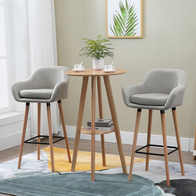 Set of 2 bar stools, including footrest, solid wood, 55 cm x 48 cm x 100 cm, beige
