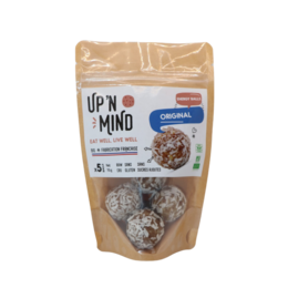 A pack of 5 original energy balls made with superfoods. The balls are round in shape and have a brown color.