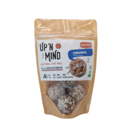 A pack of 5 original energy balls made with superfoods. The balls are round in shape and have a brown color.