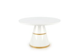 White round dining table with gold accents, modern pedestal base, elegant contemporary style.