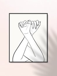 Minimalist wall art featuring intertwined hands in a black and white line drawing style. Suitable for home decor, office spaces, or as a gift. Dimensions available in multiple sizes.