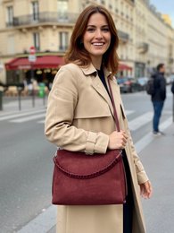  Suede genuine leather shoulder cross-body bag, burgundy taupe camel brown, Italian made, structured rectangular shape