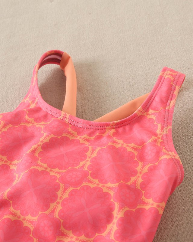 Costume da bagno con stampa retrò fucsia da ragazza con cinturini arancioni M190-23504021