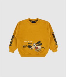 Golden yellow sweatshirt with cartoon character graphic and sleeve print, kids pullover.